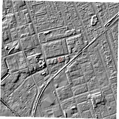 Shaded relief map of the ground around HU35RE, computed from Environment Agency LiDAR. The ground here sits at about 3 m above sea level and falls 5 m across the surrounding 800 m. Surface water reaching this point runs off ground lying to the west, 4.3 m higher.