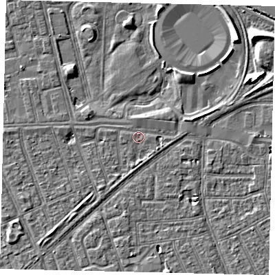 Shaded relief map of the ground around HU36AB, computed from Environment Agency LiDAR. The ground here sits at about 3 m above sea level and falls 8 m across the surrounding 800 m. Surface water reaching this point runs off ground lying to the east-south-east, 1.3 m higher.