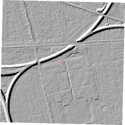 Shaded relief map of the ground around HU36AD, computed from Environment Agency LiDAR. The ground here sits at about 2 m above sea level and falls 7 m across the surrounding 800 m. Surface water reaching this point runs off ground lying to the east-south-east, 1.3 m higher.