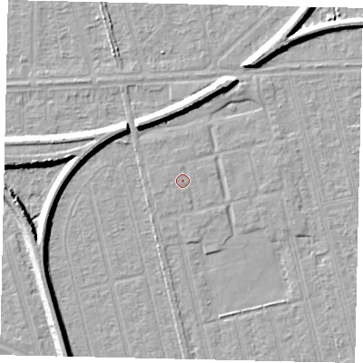 Shaded relief map of the ground around HU36AF, computed from Environment Agency LiDAR. The ground here sits at about 2 m above sea level and falls 7 m across the surrounding 800 m. The ground contributing surface water to this point lies to the west-south-west.