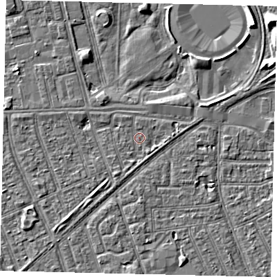 Shaded relief map of the ground around HU36AG, computed from Environment Agency LiDAR. The ground here sits at about 2 m above sea level and falls 8 m across the surrounding 800 m. Surface water reaching this point runs off ground lying to the east, 1.3 m higher.