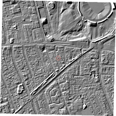 Shaded relief map of the ground around HU36AH, computed from Environment Agency LiDAR. The ground here sits at about 3 m above sea level and falls 8 m across the surrounding 800 m. The ground contributing surface water to this point lies to the east.