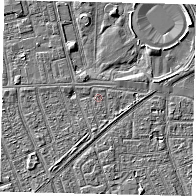 Shaded relief map of the ground around HU36AJ, computed from Environment Agency LiDAR. The ground here sits at about 2 m above sea level and falls 8 m across the surrounding 800 m. Surface water reaching this point runs off ground lying to the east, 1.5 m higher.