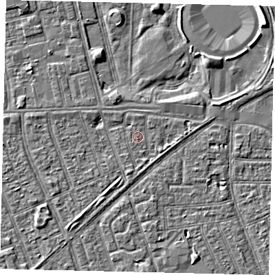 Shaded relief map of the ground around HU36AL, computed from Environment Agency LiDAR. The ground here sits at about 2 m above sea level and falls 8 m across the surrounding 800 m. Surface water reaching this point runs off ground lying to the east, 1.3 m higher.