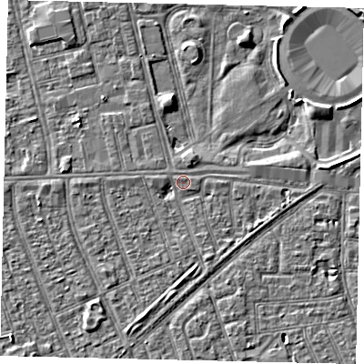 Shaded relief map of the ground around HU36AP, computed from Environment Agency LiDAR. The ground here sits at about 3 m above sea level and falls 3 m across the surrounding 800 m. Surface water reaching this point runs off ground lying to the west, 1.8 m higher.