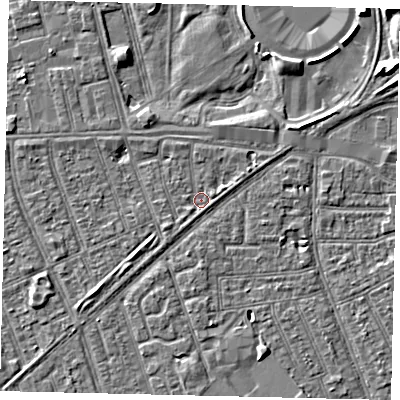 Shaded relief map of the ground around HU36AQ, computed from Environment Agency LiDAR. The ground here sits at about 2 m above sea level and falls 8 m across the surrounding 800 m. Surface water reaching this point runs off ground lying to the east-north-east, 1.3 m higher.