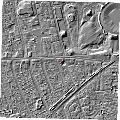 Shaded relief map of the ground around HU36AS, computed from Environment Agency LiDAR. The ground here sits at about 3 m above sea level and falls 3 m across the surrounding 800 m. Surface water reaching this point runs off ground lying to the west-north-west, 1.7 m higher.