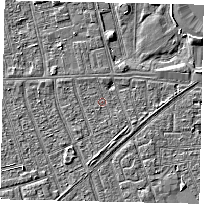 Shaded relief map of the ground around HU36AT, computed from Environment Agency LiDAR. The ground here sits at about 2 m above sea level and falls 3 m across the surrounding 800 m. Surface water reaching this point runs off ground lying to the east, 2.2 m higher.