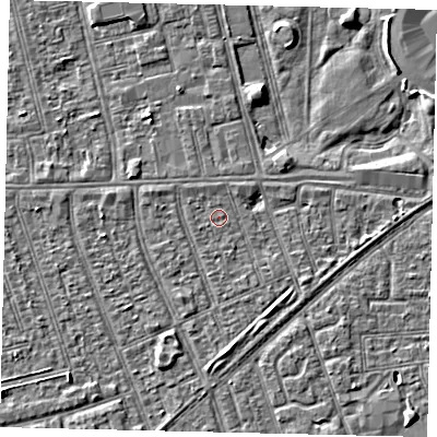 Shaded relief map of the ground around HU36AX, computed from Environment Agency LiDAR. The ground here sits at about 2 m above sea level and falls 3 m across the surrounding 800 m. Surface water reaching this point runs off ground lying to the north-north-west, 0.7 m higher.