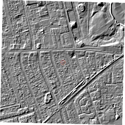 Shaded relief map of the ground around HU36AY, computed from Environment Agency LiDAR. The ground here sits at about 2 m above sea level and falls 3 m across the surrounding 800 m. Surface water reaching this point runs off ground lying to the east, 2.2 m higher.