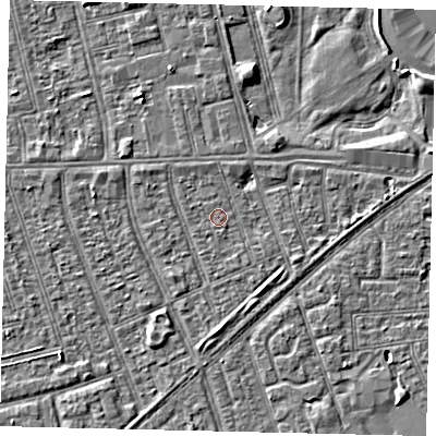Shaded relief map of the ground around HU36AZ, computed from Environment Agency LiDAR. The ground here sits at about 2 m above sea level and falls 3 m across the surrounding 800 m. Surface water reaching this point runs off ground lying to the east, 2.2 m higher.