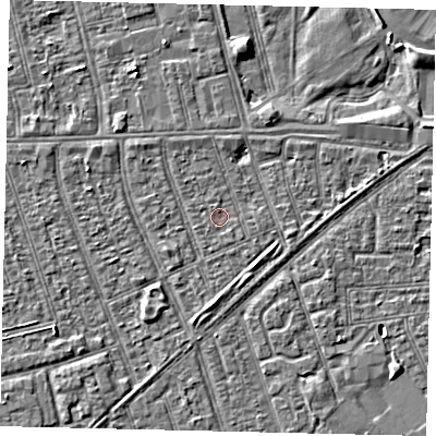 Shaded relief map of the ground around HU36BA, computed from Environment Agency LiDAR. The ground here sits at about 2 m above sea level and falls 3 m across the surrounding 800 m. Surface water reaching this point runs off ground lying to the east-north-east, 2.2 m higher.