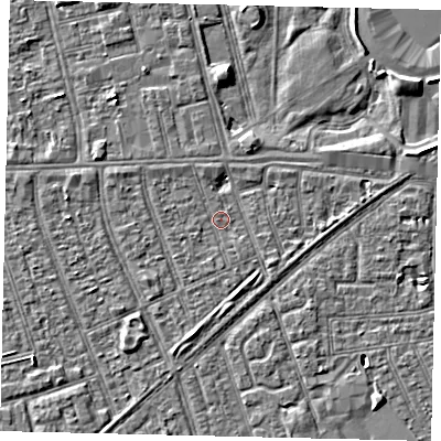 Shaded relief map of the ground around HU36BB, computed from Environment Agency LiDAR. The ground here sits at about 2 m above sea level and falls 3 m across the surrounding 800 m. Surface water reaching this point runs off ground lying to the east, 2.2 m higher.