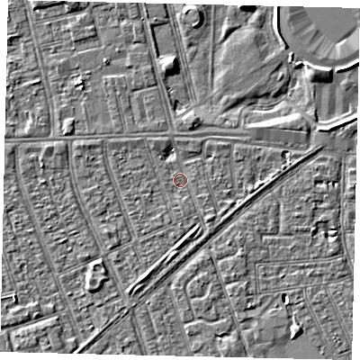 Shaded relief map of the ground around HU36BE, computed from Environment Agency LiDAR. The ground here sits at about 2 m above sea level and falls 3 m across the surrounding 800 m. Surface water reaching this point runs off ground lying to the east, 2.2 m higher.
