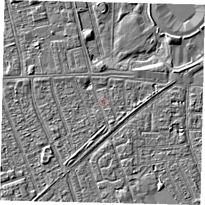 Shaded relief map of the ground around HU36BG, computed from Environment Agency LiDAR. The ground here sits at about 2 m above sea level and falls 3 m across the surrounding 800 m. Surface water reaching this point runs off ground lying to the east, 2.2 m higher.