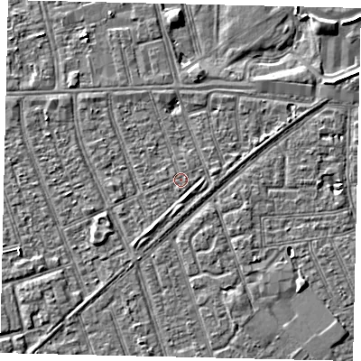 Shaded relief map of the ground around HU36BH, computed from Environment Agency LiDAR. The ground here sits at about 2 m above sea level and falls 3 m across the surrounding 800 m. The ground contributing surface water to this point lies to the south.