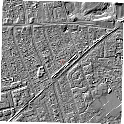 Shaded relief map of the ground around HU36BL, computed from Environment Agency LiDAR. The ground here sits at about 3 m above sea level and falls 3 m across the surrounding 800 m. Surface water reaching this point runs off ground lying to the south-south-west, 1.5 m higher.