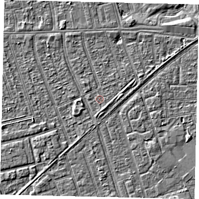 Shaded relief map of the ground around HU36BN, computed from Environment Agency LiDAR. The ground here sits at about 3 m above sea level and falls 3 m across the surrounding 800 m. Surface water reaching this point runs off ground lying to the south-south-east, 1.6 m higher.