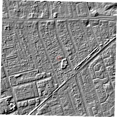 Shaded relief map of the ground around HU36BS, computed from Environment Agency LiDAR. The ground here sits at about 2 m above sea level and falls 5 m across the surrounding 800 m. Surface water reaching this point runs off ground lying to the east-south-east, 2.4 m higher.