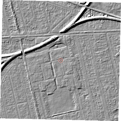Shaded relief map of the ground around HU36BT, computed from Environment Agency LiDAR. The ground here sits at about 2 m above sea level and falls 7 m across the surrounding 800 m. Surface water reaching this point runs off ground lying to the east-south-east, 0.8 m higher.