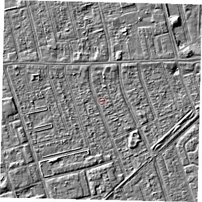 Shaded relief map of the ground around HU36BU, computed from Environment Agency LiDAR. The ground here sits at about 2 m above sea level and falls 3 m across the surrounding 800 m. Surface water reaching this point runs off ground lying to the south-south-west, 2.5 m higher.