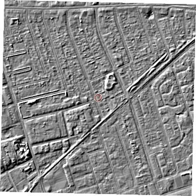 Shaded relief map of the ground around HU36BY, computed from Environment Agency LiDAR. The ground here sits at about 2 m above sea level and falls 5 m across the surrounding 800 m. Surface water reaching this point runs off ground lying to the west, 2.1 m higher.