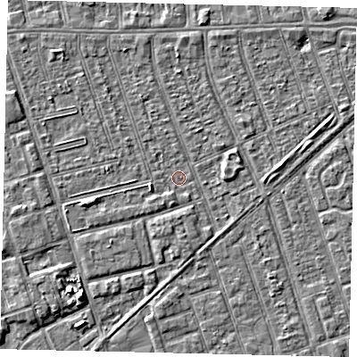 Shaded relief map of the ground around HU36BZ, computed from Environment Agency LiDAR. The ground here sits at about 2 m above sea level and falls 5 m across the surrounding 800 m. Surface water reaching this point runs off ground lying to the west-south-west, 3.2 m higher.
