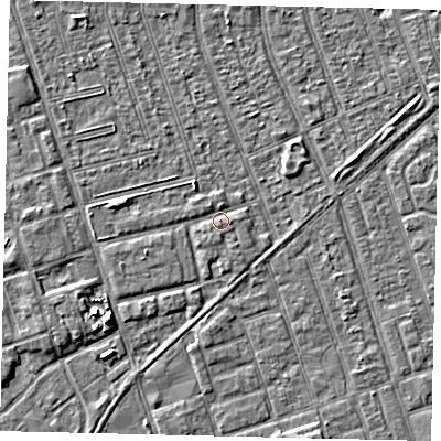 Shaded relief map of the ground around HU36DD, computed from Environment Agency LiDAR. The ground here sits at about 3 m above sea level and falls 5 m across the surrounding 800 m. Surface water reaching this point runs off ground lying to the west, 2.0 m higher.