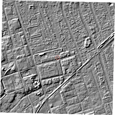 Shaded relief map of the ground around HU36DE, computed from Environment Agency LiDAR. The ground here sits at about 3 m above sea level and falls 5 m across the surrounding 800 m. Surface water reaching this point runs off ground lying to the west, 1.9 m higher.