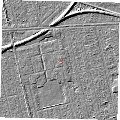 Shaded relief map of the ground around HU36DR, computed from Environment Agency LiDAR. The ground here sits at about 2 m above sea level and falls 7 m across the surrounding 800 m. The ground contributing surface water to this point lies to the north-east.
