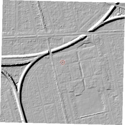 Shaded relief map of the ground around HU36DS, computed from Environment Agency LiDAR. The ground here sits at about 2 m above sea level and falls 7 m across the surrounding 800 m. Surface water reaching this point runs off ground lying to the south-south-west, 0.6 m higher.