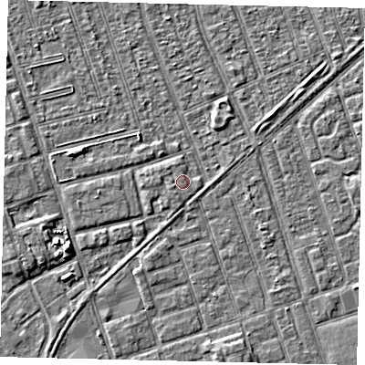 Shaded relief map of the ground around HU36DX, computed from Environment Agency LiDAR. The ground here sits at about 3 m above sea level and falls 4 m across the surrounding 800 m. Surface water reaching this point runs off ground lying to the south-south-east, 2.2 m higher.