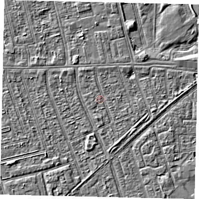 Shaded relief map of the ground around HU36EB, computed from Environment Agency LiDAR. The ground here sits at about 2 m above sea level and falls 3 m across the surrounding 800 m. Surface water reaching this point runs off ground lying to the south-south-east, 2.4 m higher.