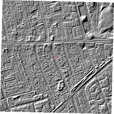 Shaded relief map of the ground around HU36ED, computed from Environment Agency LiDAR. The ground here sits at about 2 m above sea level and falls 3 m across the surrounding 800 m. Surface water reaching this point runs off ground lying to the south-east, 2.4 m higher.