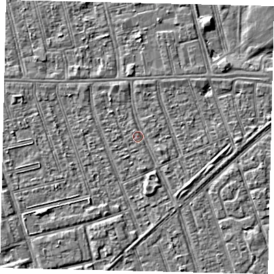 Shaded relief map of the ground around HU36EJ, computed from Environment Agency LiDAR. The ground here sits at about 2 m above sea level and falls 3 m across the surrounding 800 m. Surface water reaching this point runs off ground lying to the south-east, 2.4 m higher.