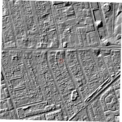 Shaded relief map of the ground around HU36EL, computed from Environment Agency LiDAR. The ground here sits at about 2 m above sea level and falls 3 m across the surrounding 800 m. Surface water reaching this point runs off ground lying to the south-east, 2.4 m higher.