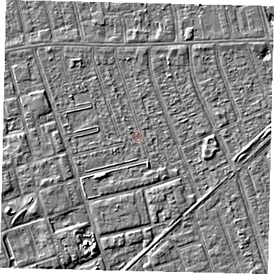 Shaded relief map of the ground around HU36ET, computed from Environment Agency LiDAR. The ground here sits at about 2 m above sea level and falls 5 m across the surrounding 800 m. Surface water reaching this point runs off ground lying to the south-south-east, 2.5 m higher.