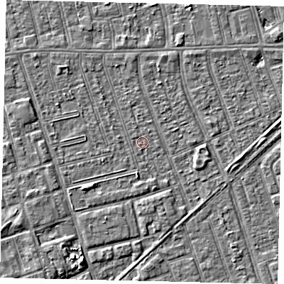 Shaded relief map of the ground around HU36EU, computed from Environment Agency LiDAR. The ground here sits at about 2 m above sea level and falls 5 m across the surrounding 800 m. Surface water reaching this point runs off ground lying to the south, 2.5 m higher.