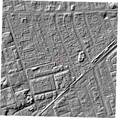 Shaded relief map of the ground around HU36EX, computed from Environment Agency LiDAR. The ground here sits at about 2 m above sea level and falls 5 m across the surrounding 800 m. Surface water reaching this point runs off ground lying to the south-west, 2.5 m higher.