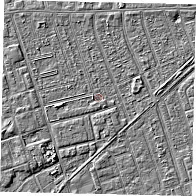 Shaded relief map of the ground around HU36EY, computed from Environment Agency LiDAR. The ground here sits at about 2 m above sea level and falls 5 m across the surrounding 800 m. Surface water reaching this point runs off ground lying to the west-north-west, 2.5 m higher.