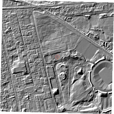 Shaded relief map of the ground around HU36GA, computed from Environment Agency LiDAR. The ground here sits at about 2 m above sea level and falls 3 m across the surrounding 800 m. Surface water reaching this point runs off ground lying to the south, 1.9 m higher.