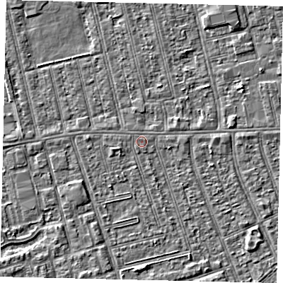 Shaded relief map of the ground around HU36HP, computed from Environment Agency LiDAR. The ground here sits at about 2 m above sea level and falls 3 m across the surrounding 800 m. Surface water reaching this point runs off ground lying to the south-south-east, 0.8 m higher.