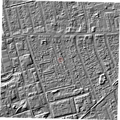 Shaded relief map of the ground around HU36HR, computed from Environment Agency LiDAR. The ground here sits at about 2 m above sea level and falls 4 m across the surrounding 800 m. Surface water reaching this point runs off ground lying to the north-west, 1.4 m higher.