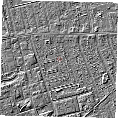 Shaded relief map of the ground around HU36HS, computed from Environment Agency LiDAR. The ground here sits at about 2 m above sea level and falls 4 m across the surrounding 800 m. Surface water reaching this point runs off ground lying to the north-north-west, 1.4 m higher.