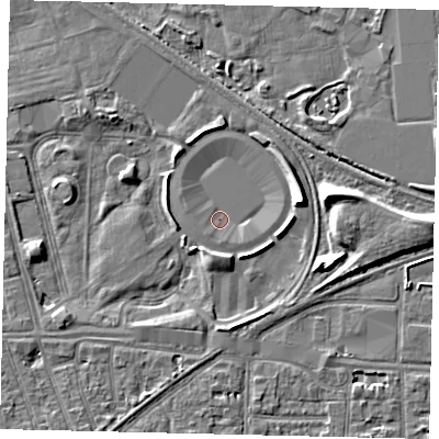 Shaded relief map of the ground around HU36HU, computed from Environment Agency LiDAR. The ground here sits at about 1 m above sea level and falls 8 m across the surrounding 800 m. Surface water reaching this point runs off ground lying to the south, 1.2 m higher.