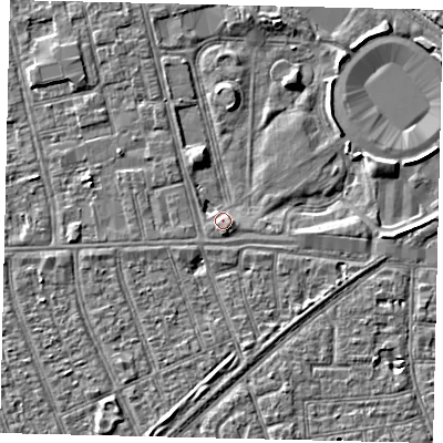Shaded relief map of the ground around HU36JA, computed from Environment Agency LiDAR. The ground here sits at about 3 m above sea level and falls 3 m across the surrounding 800 m. Surface water reaching this point runs off ground lying to the east-north-east, 3.1 m higher.