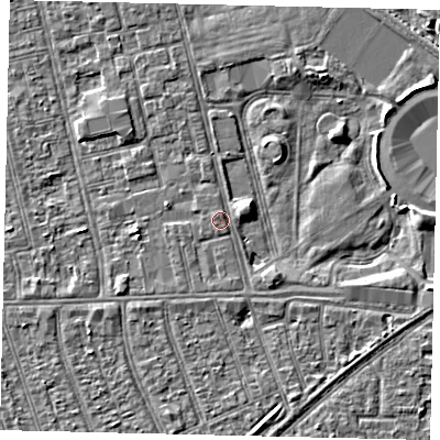 Shaded relief map of the ground around HU36JB, computed from Environment Agency LiDAR. The ground here sits at about 3 m above sea level and falls 3 m across the surrounding 800 m. Surface water reaching this point runs off ground lying to the east-north-east, 1.5 m higher.