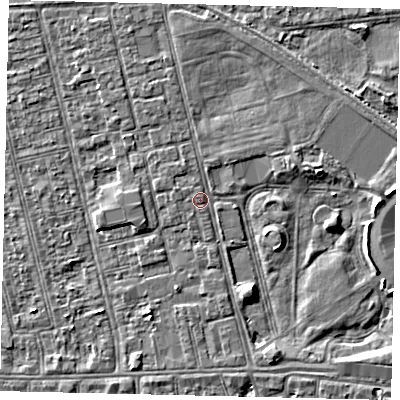 Shaded relief map of the ground around HU36JG, computed from Environment Agency LiDAR. The ground here sits at about 2 m above sea level and falls 3 m across the surrounding 800 m. Surface water reaching this point runs off ground lying to the east-north-east, 1.7 m higher.