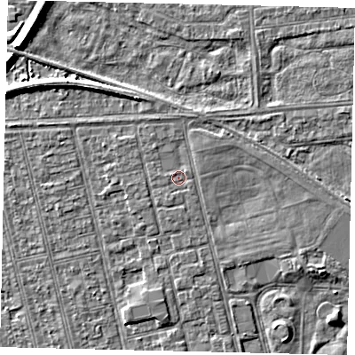 Shaded relief map of the ground around HU36JP, computed from Environment Agency LiDAR. The ground here sits at about 2 m above sea level and falls 7 m across the surrounding 800 m. Surface water reaching this point runs off ground lying to the south, 0.9 m higher.