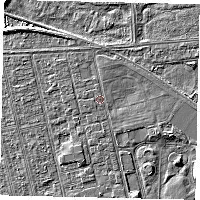 Shaded relief map of the ground around HU36JR, computed from Environment Agency LiDAR. The ground here sits at about 2 m above sea level and falls 7 m across the surrounding 800 m. Surface water reaching this point runs off ground lying to the north-north-east, 1.2 m higher.